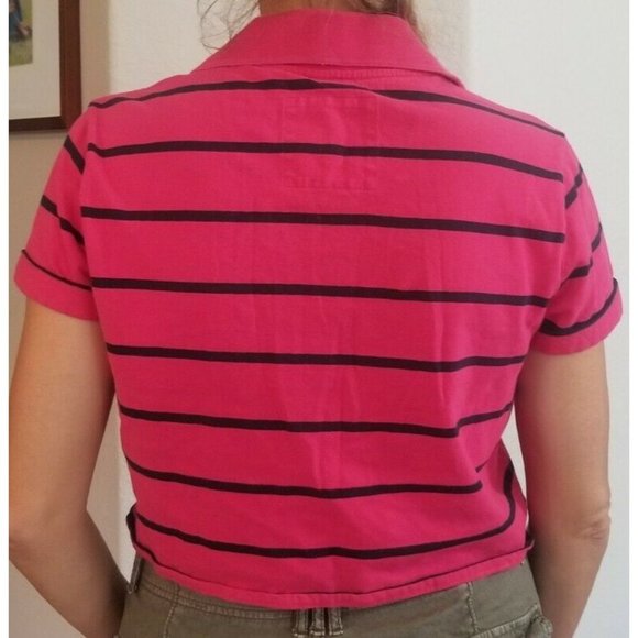 Hollister Pink Blue Striped Cropped Polo Shirt Medium Collared Cute Comfy - Picture 4 of 6